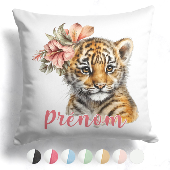 Cojín bicolor personalizado - Cachorro de león flores