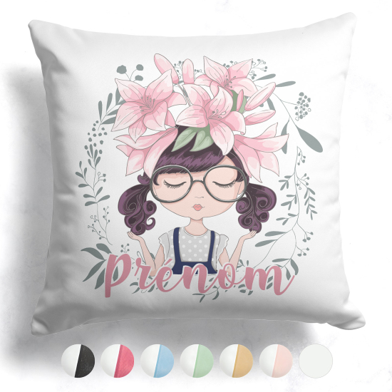 Cojín bicolor personalizado - Niña pequeña flores