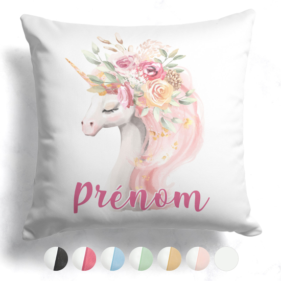 Cojín bicolor personalizado - Unicornio flores
