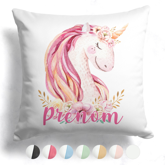 Cojín bicolor personalizado - Unicornio flores