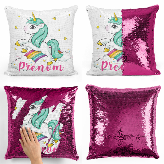 Cojín mágico con lentejuelas personalizado - Unicornio arcoíris