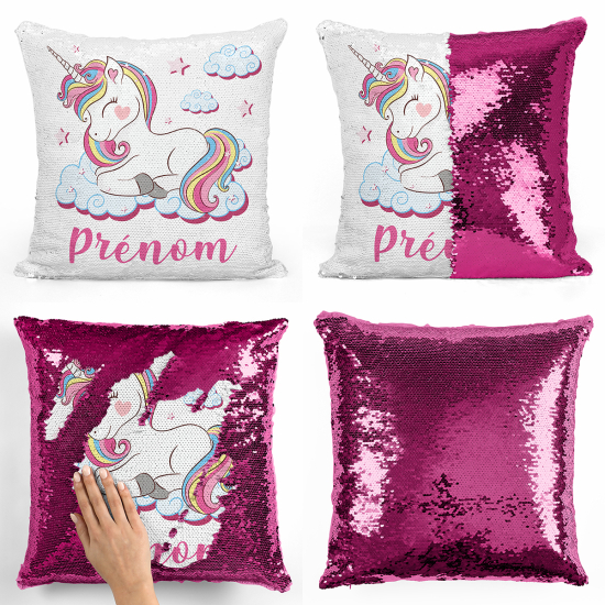 Cojín mágico con lentejuelas personalizado - Unicornio nubes