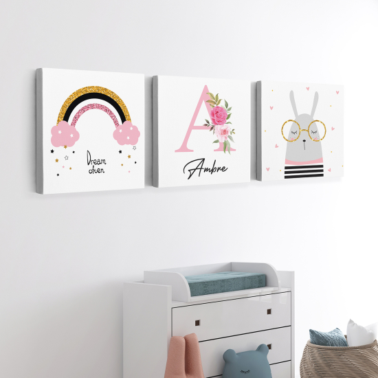 Cuadro tríptico personalizado para niños - Infantil - Arcoíris Lama