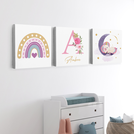 Cuadro tríptico personalizado para niños - Infantil - Arcoíris Unicornio