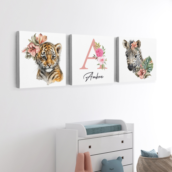 Cuadro tríptico personalizado para niños - Infantil - Tigre cebra