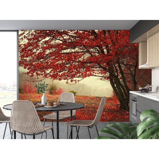 Papel pintado panorámico - Árbol Flores rojas