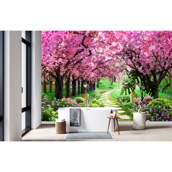 Papel pintado panorámico - Camino hojas rosas