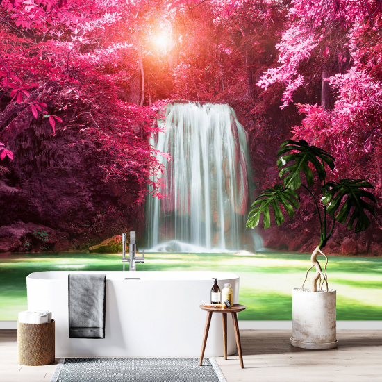 Papel pintado panorámico - Cascada Hojas Rosas