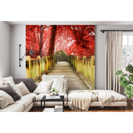 Papel pintado panorámico - Escaleras Flores rojas