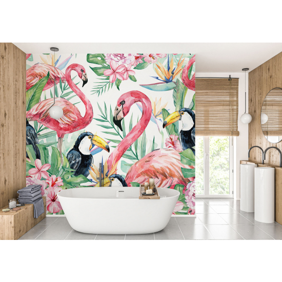 Papel pintado panorámico - Flamencos rosados tucanes