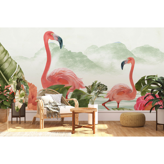 Papel pintado panorámico - Flamencos rosas Flores