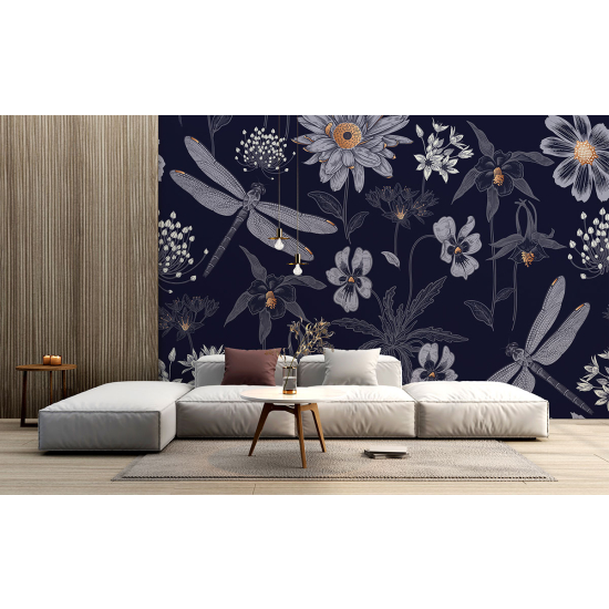 Papel pintado panorámico - Flores Libélulas