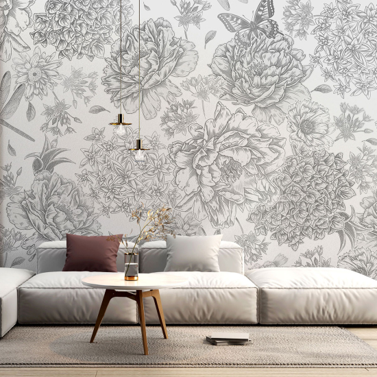 Papel pintado panorámico - Flores Libélulas