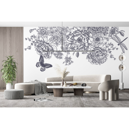 Papel pintado panorámico - Flores Mariposa
