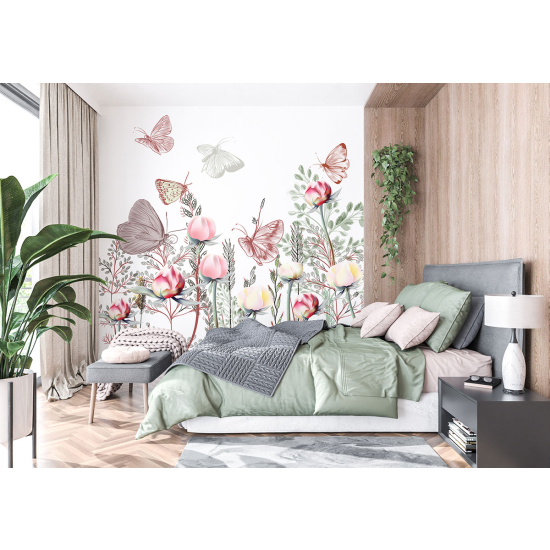Papel pintado panorámico - Flores Mariposas