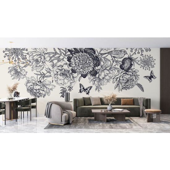 Papel pintado panorámico - Flores Mariposas
