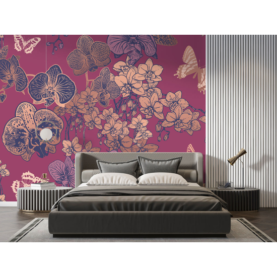 Papel pintado panorámico - Flores Mariposas