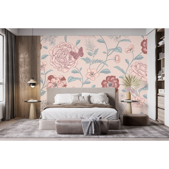 Papel pintado panorámico - Flores Mariposas