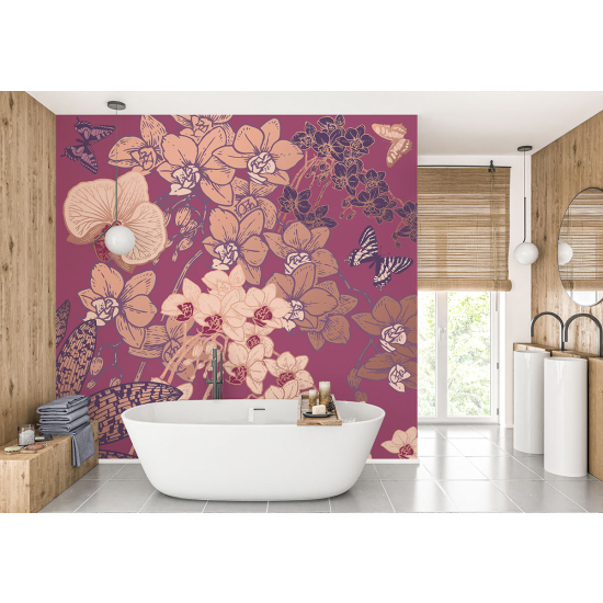 Papel pintado panorámico - Flores Mariposas