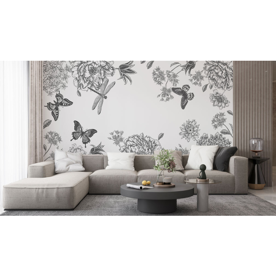Papel pintado panorámico - Flores Mariposas