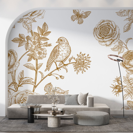 Papel pintado panorámico - Flores Pájaro