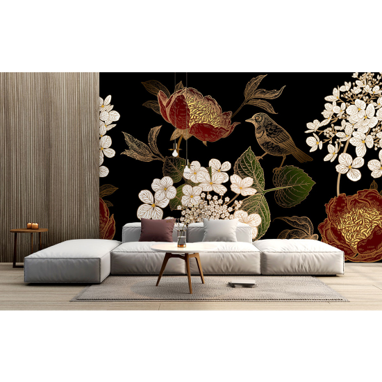 Papel pintado panorámico - Flores Pájaro