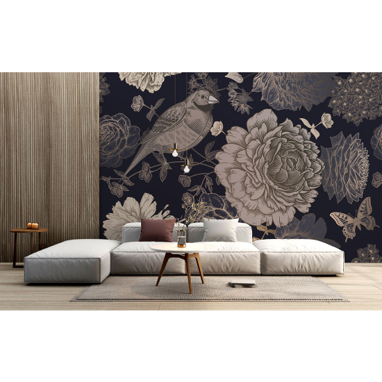 Papel pintado panorámico - Flores Pájaro