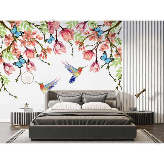 Papel pintado panorámico - Flores pájaros