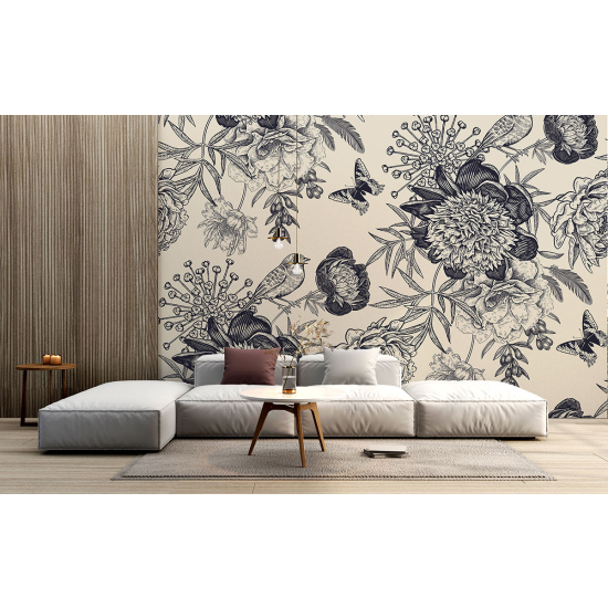Papel pintado panorámico - Flores Pájaros