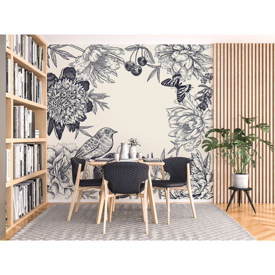 Papel pintado panorámico - Flores Pájaros