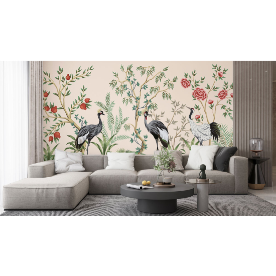 Papel pintado panorámico - Flores Pájaros