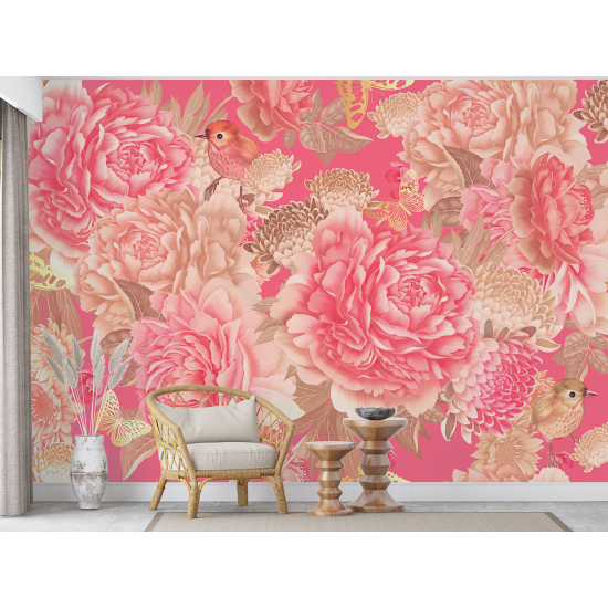 Papel pintado panorámico - Flores Pájaros