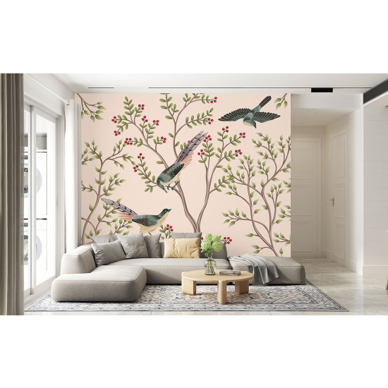Papel pintado panorámico - Flores Pájaros