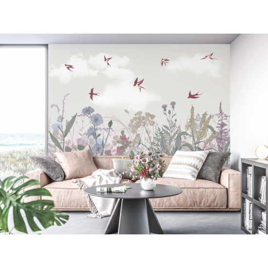Papel pintado panorámico - Flores Pájaros