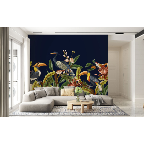 Papel pintado panorámico - Flores Pájaros