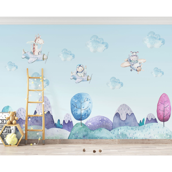 Papel pintado panorámico para niños - Infantil - Animales Aviadores