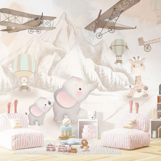 Papel pintado panorámico para niños - Infantil - Aviones Animales