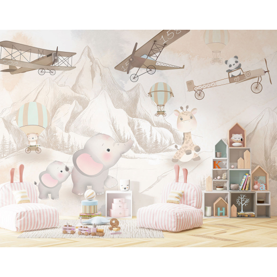 Papel pintado panorámico para niños - Infantil - Aviones Animales