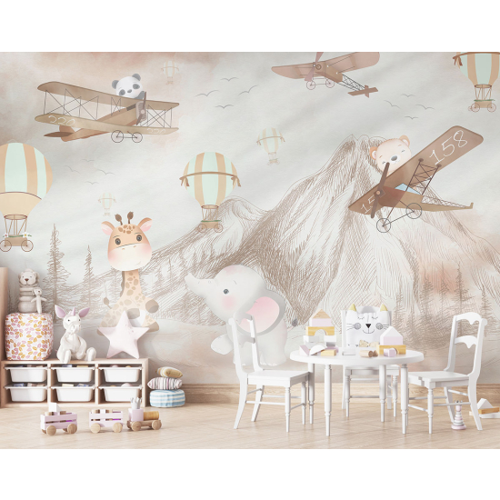 Papel pintado panorámico para niños - Infantil - Aviones Animales