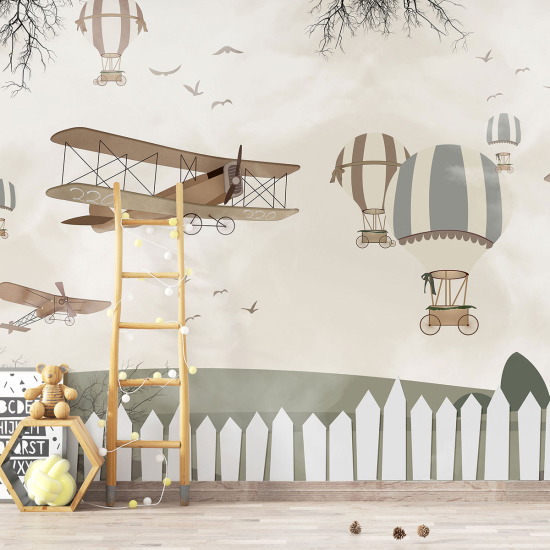Papel pintado panorámico para niños - Infantil - Aviones Globos Aerostáticos