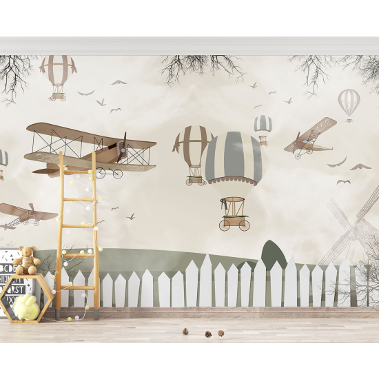 Papel pintado panorámico para niños - Infantil - Aviones Globos Aerostáticos