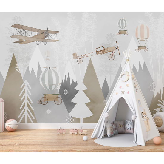 Papel pintado panorámico para niños - Infantil - Aviones Globos Aerostáticos
