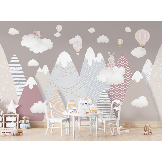 Papel pintado panorámico para niños - Infantil - Conejos en Globos Aerostáticos