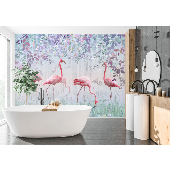 Papel pintado panorámico para niños - Infantil - Diseño de flamencos rosas