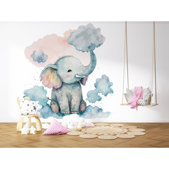 Papel pintado panorámico para niños - Infantil - Elefante nubes