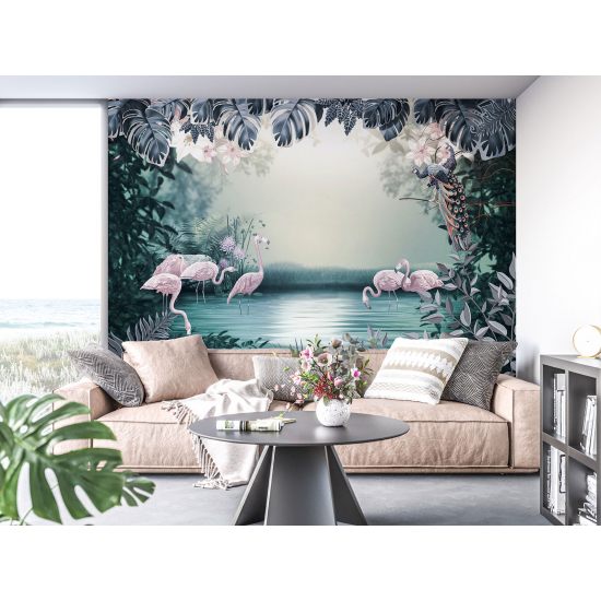 Papel pintado panorámico para niños - Infantil - Flamenco rosa Flores