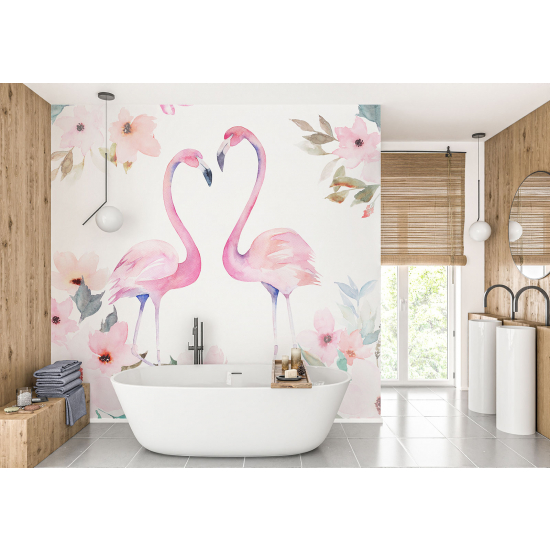 Papel pintado panorámico para niños - Infantil - Flamencos rosados Acuarela