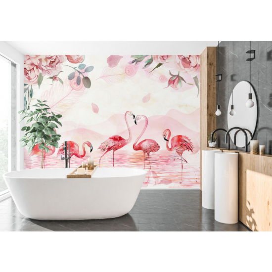 Papel pintado panorámico para niños - Infantil - Flamencos rosas Flores