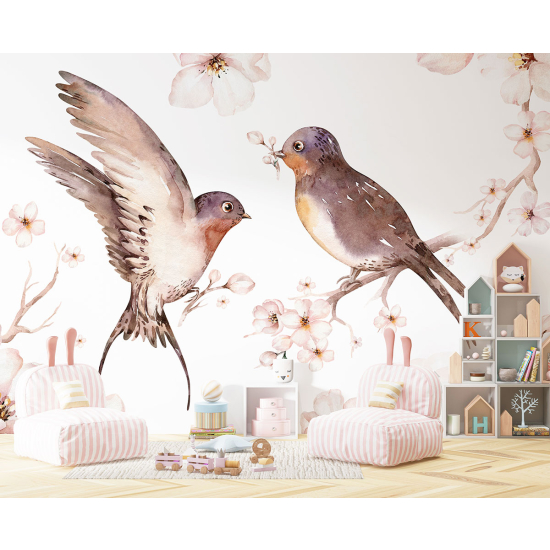 Papel pintado panorámico para niños - Infantil - Flores Pájaros
