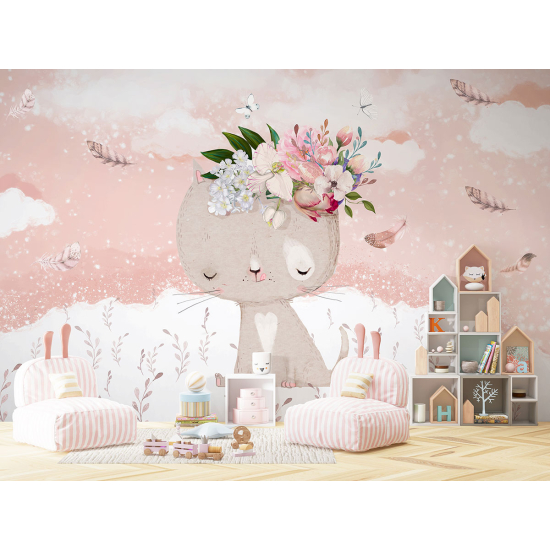 Papel pintado panorámico para niños - Infantil - Gato Flores